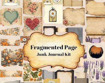 May include: A digital collage kit for junk journaling with a vintage aesthetic. The kit includes images of flowers, hearts, oranges, and lavender. The text "Fragmented Page Junk Journal Kit" is featured in the centre of the image.