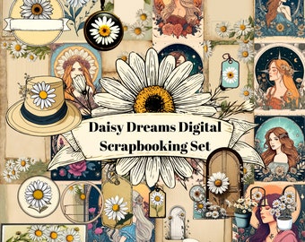 Daisy Dreams Digital Scrapbooking Set, Kit de diario basura (páginas imprimibles con efímera, etiquetas, marcador, corte quisquilloso), papel digital de flores