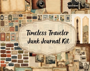 Tijdloze reiziger Junk Journal Kit, (afdrukbare Jpg-pagina met ephemera, cover, kieskeurig knippen, tag) Vintage digitaal papier, scrapbook downloaden