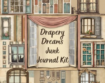 May include: A digital collage kit featuring various images of windows, doors, and tags with the text "Drapery Dreams Junk Journal Kit".