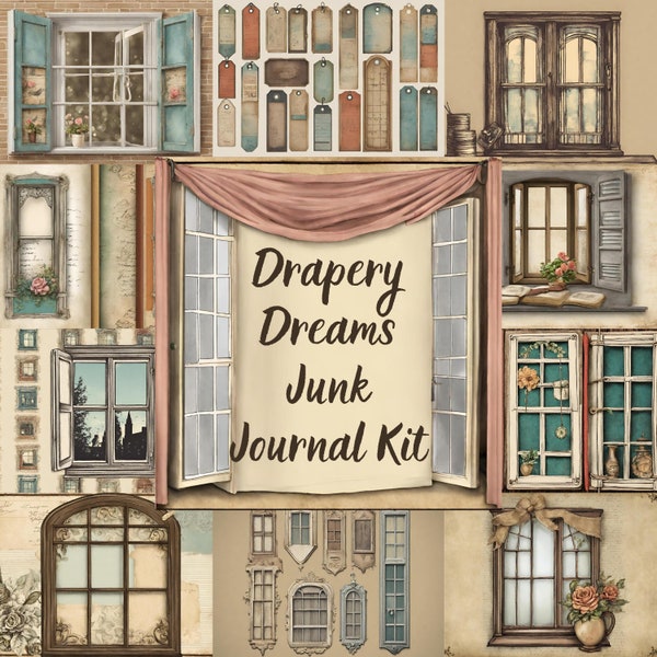 Drapery Dreams Junk Journal Kit (Printable Jpg Page with Ephemera, Cover, Fussy Cut, Tag), Vintage Window Digital Paper, Scrapbook Download