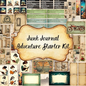 Junk Journal Adventure Starter Kit (Ephemera, Cover, Card, Fussy Cut, Tag) Vintage Digital Paper Scrapbook Download, My First Junk Journal