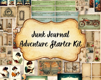 May include: A collage of vintage images and text quotes for use in a junk journal. The images include a motorcycle, a woman reading a book, a window with a view of a lake, and a variety of floral patterns. The text quotes include inspirational messages about joy, creativity, and living life to the fullest. The title "Junk Journal Adventure Starter Kit" is displayed in a large, decorative font.