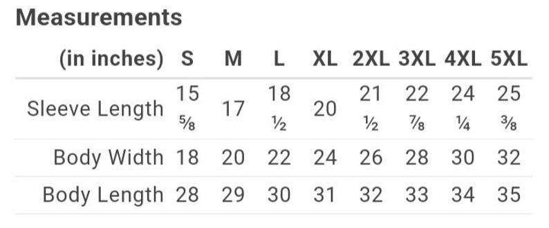 May include: A size chart for clothing with measurements in inches for sleeve length, body width, and body length. Sizes range from S to 5XL.