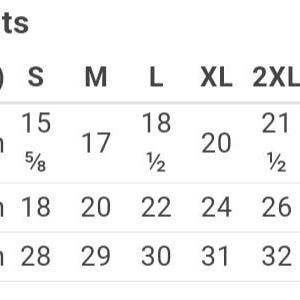 Op de afbeelding: Een maattabel voor kleding met maten in inches voor mouwlengte, lichaamsbreedte en lichaamslengte. De maten vari&euml;ren van S tot 5XL.