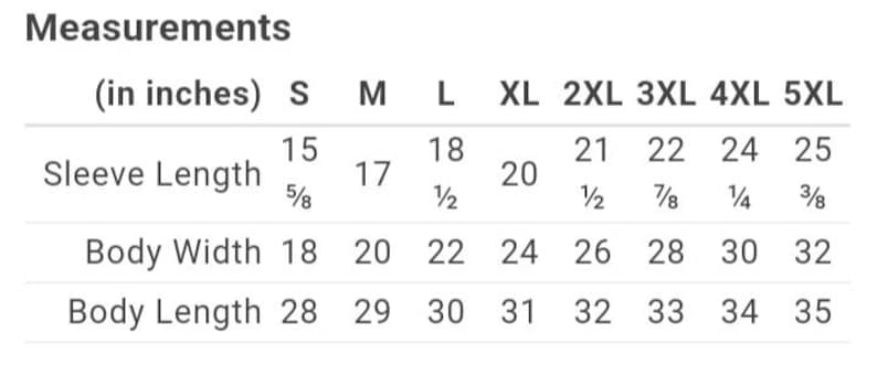 Op de afbeelding: Een maattabel voor kleding met maten in inches voor mouwlengte, lichaamsbreedte en lichaamslengte. De maten vari&euml;ren van S tot 5XL.