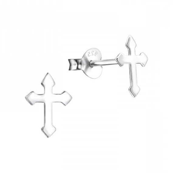 Small Gothic Cross High Quality .925 Sterling Silver Stud Earrings Pair