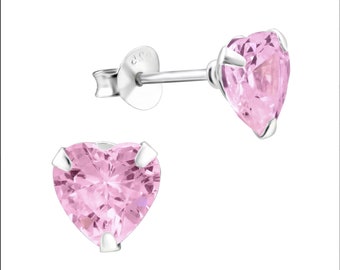 7mm Pink CZ Diamond Heart High Quality .925 Sterling Silver Stud Valentine's Love Earrings Pair