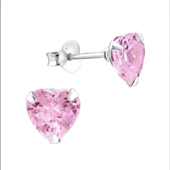 7mm Pink CZ Diamond Heart High Quality .925 Sterling Silver Stud Valentine's Love Earrings Pair