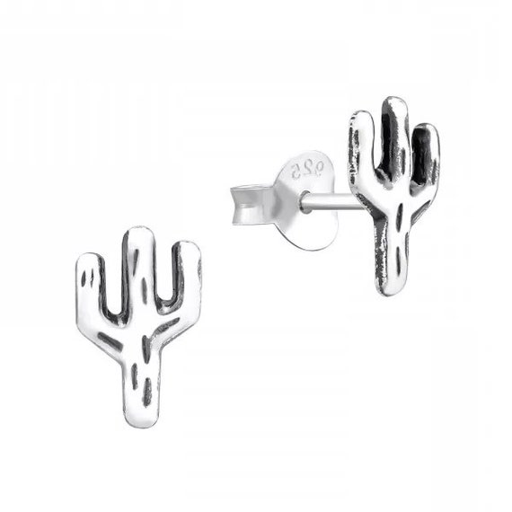 CLEARANCE Small Cactus High Quality .925 Sterling Silver Stud Earrings Pair