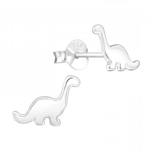 May include: A pair of silver dinosaur stud earrings. The earrings are small and feature a simple outline of a dinosaur.