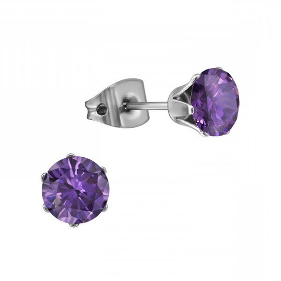 6mm CZ Amethyst Titanium High Quality Hypoallergenic Earrings Pair