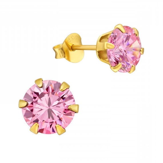 Gold Plated 925 Sterling Silver 7mm CZ Pink Diamond Earrings Pair
