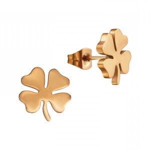 May include: A pair of gold-tone stainless steel earrings featuring a four-leaf clover design.