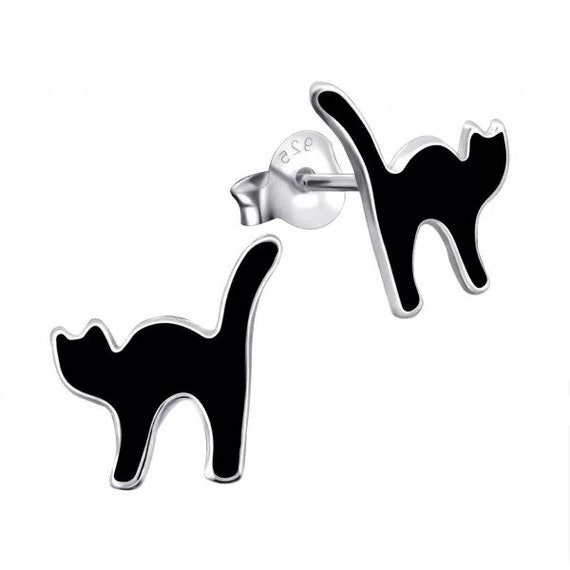 Black Cat High Quality .925 Sterling Silver Stud Earrings Pair
