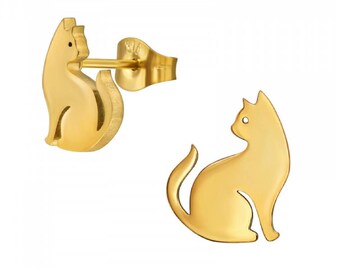 Gold-Plated Stainless Steel Cats Earrings (9mm x 11mm)