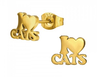 I Love Cats - Gold Plated Stainless Steel Stud Earrings (8.5 mm x 7 mm)