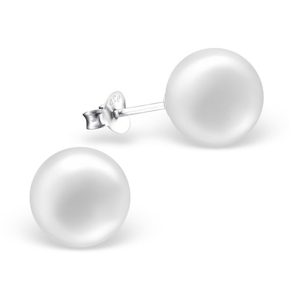 Large 10mm Glass Pearl High Quality .925 Sterling Silver Stud Earrings Pair