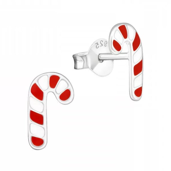 Small Candy Canes Christmas High Quality .925 Sterling Silver Stud Earrings Pair