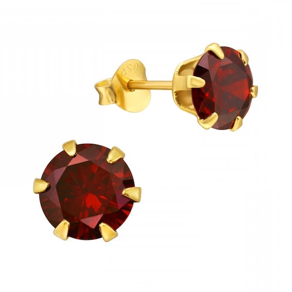 Gold Plated 925 Sterling Silver 7mm CZ Garnet Earrings Pair