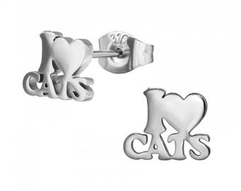 I Love Cats - Surgical Grade Stainless Steel Stud Earrings (8.5 mm x 7 mm)