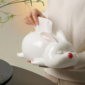 Scatola per fazzoletti in ceramica a forma di coniglio sdraiato a pancia in giù, Dispenser di tovaglioli per coniglio addormentato Scatola per fazzoletti per il viso