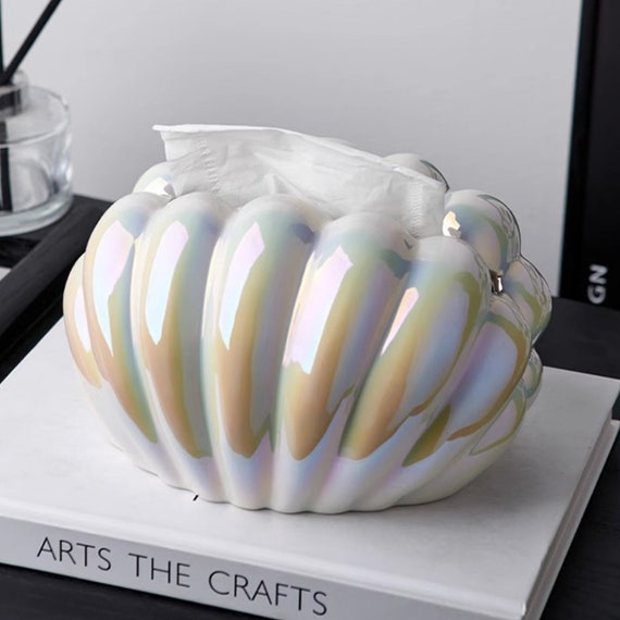 Shell-shaped Ceramic Tissue Box Silver Clamshell, Tissue Box cover, Facial tissue, Restroom Tissue Box art Tissue Organizer,Napkin Dispenser