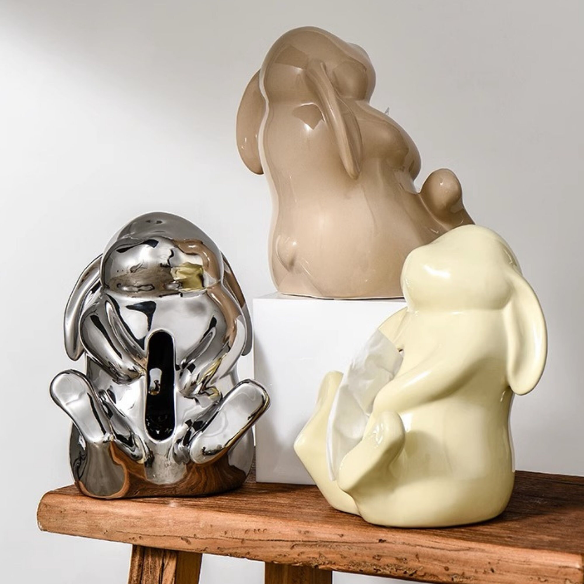 Ceramic Bunny Tissue Box Cartoon Silver Rabbit Cute Hare Napkin Paper ...