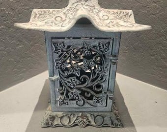Rustic Metal Lantern with Leaf Design 9" x 8"