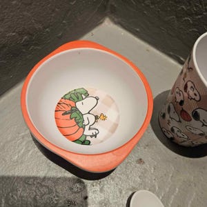 May include: A white bowl with an orange rim features a cartoon image of Snoopy and Woodstock with a pumpkin. The bowl is part of a set of dishes with a fall theme.