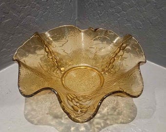 Szklana miska z motywem winogron, wzór w stylu vintage, z bursztynowym szkłem, marszczona, 10 cali