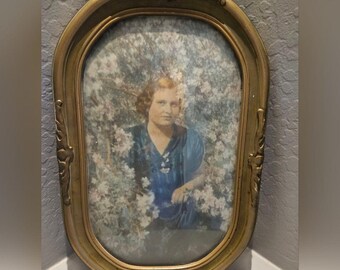 Antique Bubble Glass Framed Portait 18&quot;x12&quot; Young Lady in Field of Flowers