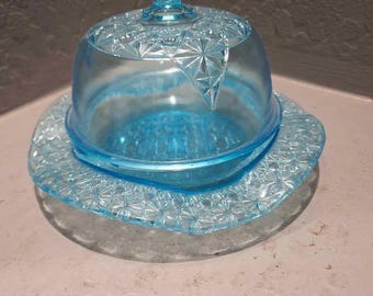 Vintage Colonial Daisy and Buttons Blue Glass Butter Dish with Dome Lid