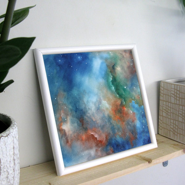 Poster d'une peinture à l'huile de panaches fumeux et de nébuleuses lointaines évoquant l'espace et le voyage interstellaire