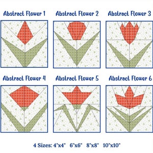Set 6 Abstrakte Blumen Quilt Block-Muster, Einfache FPP, Geometrische Blumenmuster, Vorlagen in 4 Größen