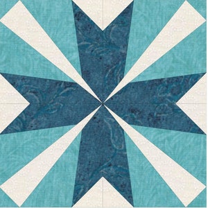 Peut inclure: Un modèle de patchwork sur papier pour un bloc de courtepointe en forme de croix moderne. Le modèle comprend cinq tailles : 6x6, 8x8, 9x9, 10x10 et 12x12 pouces. Le bloc est de couleur bleu et blanc.
