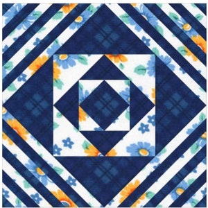 May include: A square quilt block pattern titled "Diamond Mosaic" with a blue and white geometric design. The pattern includes four size options: 8x8, 9x9, 10x10, and 12x12 inches. The text "A Foundation Paper Piecing Block Pattern" is also included.