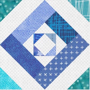 May include: A foundation paper piecing block pattern called "Cabin Mosaic" with a blue and white geometric design. Six sizes are available: 4x4, 6x6, 8x8, 9x9, 10x10, and 12x12 inches.