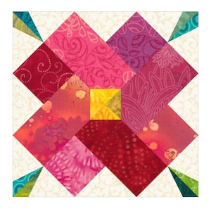 May include: A foundation paper piecing block pattern for a quilt called "Prim Roses". The pattern features a flower design with pink, red, and yellow fabric. Six sizes are available: 4x4, 6x6, 8x8, 9x9, 10x10, and 12x12 inches.