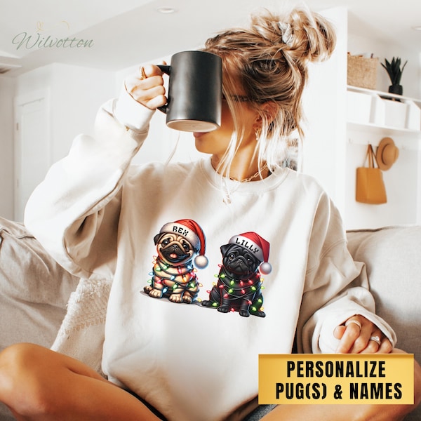 Pug Personalized Ugly Christmas Sweater, Pug Christmas Dog Mom Sweatshirt, Custom Black and Fawn Pug Christmas Sweatshirt Gift for Pug Mom