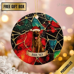 Personalized Belgian Malinois Ornament, Belgian Malinois Mom Christmas Ornament, Dog Name Ornament, Gift for Dog Mom Faux Stained Glass Gift