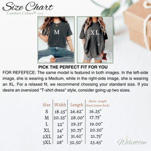 May include: Size chart for t-shirts with measurements in inches. The chart shows the width, length, and sleeve length for sizes S, M, L, XL, 2XL, and 3XL. The chart also includes a photo of a model wearing a size M t-shirt on the left and a size XL t-shirt on the right.