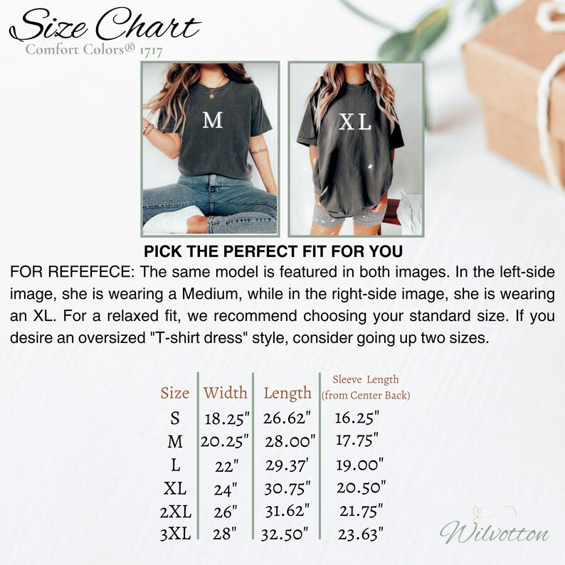 May include: Size chart for t-shirts with measurements in inches. The chart shows the width, length, and sleeve length for sizes S, M, L, XL, 2XL, and 3XL. The chart also includes a photo of a model wearing a size M t-shirt on the left and a size XL t-shirt on the right.
