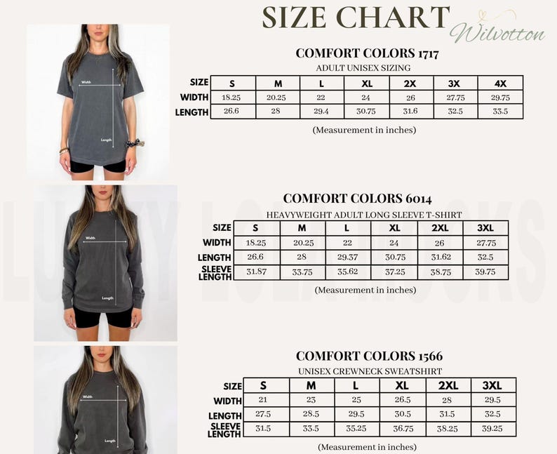 May include: A size chart for Comfort Colors 1717, 6014, and 1566 apparel. The chart displays width, length, and sleeve length measurements in inches for sizes S through 4X, accompanied by visual guides on a grey t-shirt and sweatshirt.