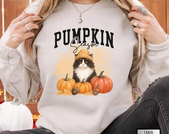 Tuxedo Cat Fall Sweatshirt, Black & White Cat Halloween Shirt, Pumpkin Cat Shirt, Autumn Crewneck, Cat Mom Gift, Cozy Fall Outfit