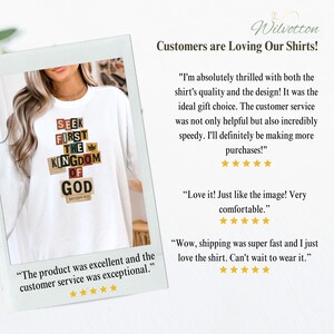 May include: White t-shirt with the text "SEEK FIRST THE KINGDOM OF GOD" in colourful block letters. The shirt also features a small crown graphic. The image includes customer reviews.