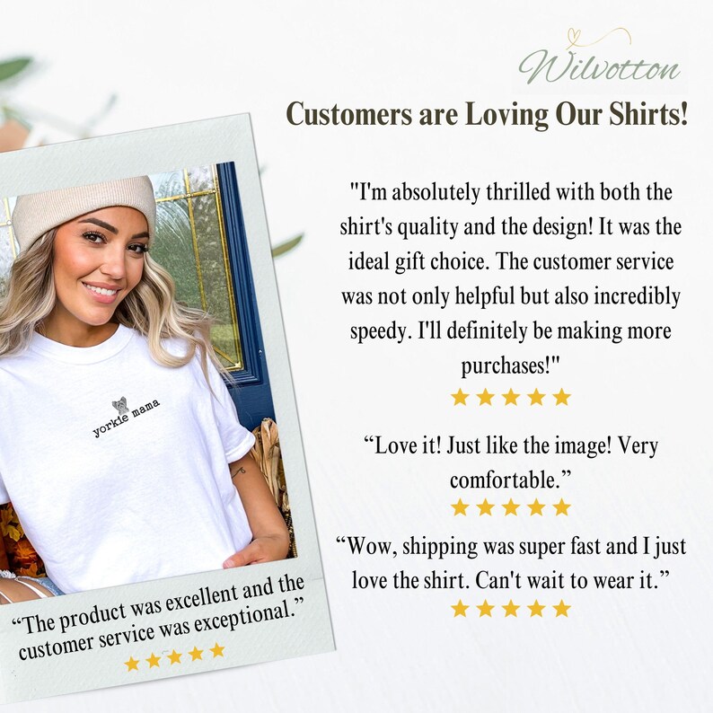 May include: A woman wearing a white t-shirt with the text "yorkie mama" in black. The image includes customer reviews and the text "Customers are Loving Our Shirts!"