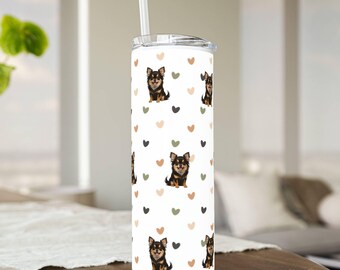Long Haired Chihuahua Tumbler, Fluffy Teacup Chi Dog Mom Gift, Long Coat Chihuahua Water Bottle, Puppy Lover 20 oz Skinny Travel Tumbler