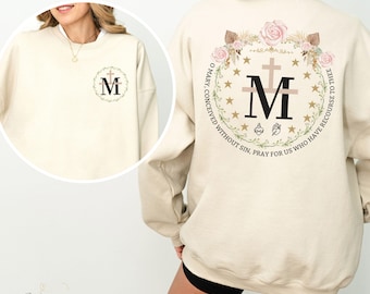 Miraculous Medal Sweatshirt, Virgin Mary Shirt, Catholic Apparel, Rosary Shirt, Catholic Crewneck, Marian Cross Shirt, Gift for Catholic