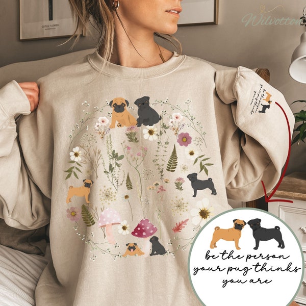 Boho Wildflowers Cottagecore Fawn Black Pug Sweatshirt, Pressed Flower Design Tan and Pug Shirt, Wild Flower Pug Mom Gift Crewneck, Pug Day